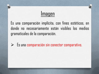 Imagen
Es una comparación implícita, con fines estéticos, en
donde no necesariamente están visibles los medios
gramaticales de la comparación.

 Es una comparación sin conector comparativo.
 