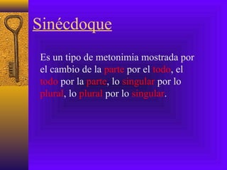 Sinécdoque
Es un tipo de metonimia mostrada por
el cambio de la parte por el todo, el
todo por la parte, lo singular por lo
plural, lo plural por lo singular.
 