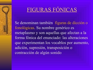 FIGURAS FÓNICAS
Se denominan también figuras de dicción o
fonológicas. Su nombre genérico es
metaplasmo y son aquellas que afectan a la
forma fónica del enunciado: las alteraciones
que experimentan los vocablos por aumento,
adición, supresión, transposición o
contracción de algún sonido.
 