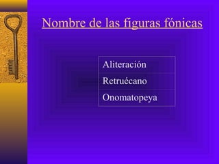 Nombre de las figuras fónicas
Aliteración
Retruécano
Onomatopeya
 