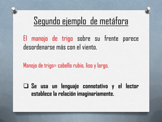 Segundo ejemplo de metáfora
El manojo de trigo sobre su frente parece
desordenarse más con el viento.
Manojo de trigo= cabello rubio, liso y largo.
 Se usa un lenguaje connotativo y el lector
establece la relación imaginariamente.

 