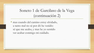 Soneto 1 de Garcilaso de la Vega
(continuación 2)
• mas cuando del camino estoy olvidado,
a tanto mal no sé por dó he venido:
sé que me acabo, y mas he yo sentido
ver acabar conmigo mi cuidado.
 