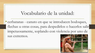 Vocabulario de la unidad:
•cerbatanas - canuto en que se introducen bodoques,
flechas u otras cosas, para despedirlos o hacerlos salir
impetuosamente, soplando con violencia por uno de
sus extremos.
 