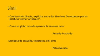 Símil
• Comparación directa, explicita, entre dos términos. Se reconoce por las
palabras “como” o “parece”.
- Como un globo morado aparecía la hermosa luna
Antonio Machado
-Mariposa de ensueño, te pareces a mi alma
Pablo Neruda
 