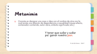 Metonimia
Consiste en designar una cosa o idea con el nombre de otra con la
cual existe una relación de dependencia o causalidad (causa-efecto,
contenedor-contenido, autor-obra, símbolo-significado, etc.)
Y tener que sudar y sudar
pa' ganar nuestro pan.
El vals del obrero - SKA-P
 