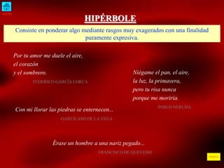 INICIO
ÍNDICE
HIPÉRBOLE
Consiste en ponderar algo mediante rasgos muy exagerados con una finalidad
puramente expresiva.
Por tu amor me duele el aire,
el corazón
y el sombrero.
FEDERICO GARCÍA LORCA
Niégame el pan, el aire,
la luz, la primavera,
pero tu risa nunca
porque me moriría.
PABLO NERUDA
Con mi llorar las piedras se enternecen...
GARCILASO DE LA VEGA
Érase un hombre a una nariz pegado...
FRANCISCO DE QUEVEDO
 