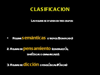 Las figuras se dividen en tres grupos: CLASIFICACION Figuras   semánticas  o tropos .(Significado) 2. Figuras  de  pensamiento   (construcción ,  sintácticas  o gramaticales ). 3. Figuras  de  dicción  o fonológicas .(Fónicas)   
