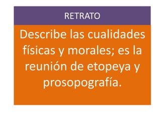RETRATO
Describe las cualidades
físicas y morales; es la
 reunión de etopeya y
     prosopografía.
 