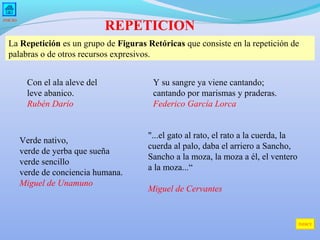 REPETICION

INICIO

La Repetición es un grupo de Figuras Retóricas que consiste en la repetición de
palabras o de otros recursos expresivos.
Con el ala aleve del
leve abanico.
Rubén Darío

Verde nativo,
verde de yerba que sueña
verde sencillo
verde de conciencia humana.
Miguel de Unamuno

Y su sangre ya viene cantando;
cantando por marismas y praderas.
Federico García Lorca
"...el gato al rato, el rato a la cuerda, la
cuerda al palo, daba el arriero a Sancho,
Sancho a la moza, la moza a él, el ventero
a la moza...“
Miguel de Cervantes

ÍNDICE

 