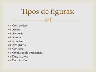 
 Conversión
 Ajuste
 Alegoría
 Alusión
 Apostrofe
 Anagrama
 Contaste
 Corriente de conciencia
 Descripción
 Denotación
Tipos de figuras:
 