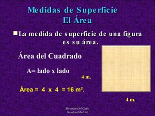 Abraham Del Caño. Gaudem(Madrid) Medidas de Superficie  El Área La medida de superficie de una figura es su área . Área del Cuadrado A= lado x lado 4 m. 4 m. Área =  4  x  4  = 16 m². 