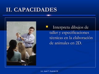 II. CAPACIDADES
Interpreta dibujos de
taller y especificaciones
técnicas en la elaboración
de animales en 2D.
Lic. Juan F. Huamán M.