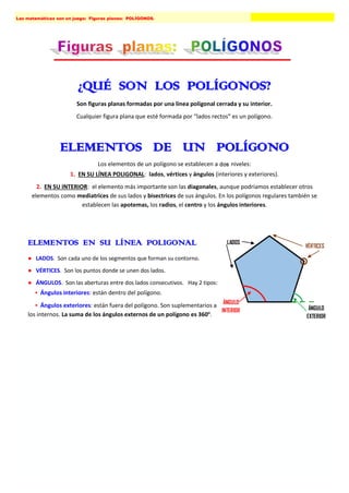 Las matemáticas son un juego: Figuras planas: POLÍGONOS. CEIP Manuel Siurot (La Palma del Cdo.)
¿QUÉ SON LOS POLÍGONOS?
Son figuras planas formadas por una línea poligonal cerrada y su interior.
Cualquier figura plana que esté formada por “lados rectos” es un polígono.
ELEMENTOS DE UN POLÍGONO
Los elementos de un polígono se establecen a tres niveles:
1. EN SU LÍNEA POLIGONAL: lados, vértices y ángulos (interiores y exteriores).
2. EN SU INTERIOR: el elemento más importante son las diagonales, aunque podríamos establecer otros
elementos como mediatrices de sus lados y bisectrices de sus ángulos. En los polígonos regulares también se
establecen las apotemas, los radios, el centro y los ángulos interiores.
3. CÁLCULOS ESPACIALES. Los principales son el perímetro (la suma de todos sus lados) y la superficie o área
(lo que mide su espacio interior).
ELEMENTOS EN SU LÍNEA POLIGONAL
● LADOS. Son cada uno de los segmentos que forman su contorno.
● VÉRTICES. Son los puntos donde se unen dos lados.
● ÁNGULOS. Son las aberturas entre dos lados consecutivos. Hay 2 tipos:
▪ Ángulos interiores: están dentro del polígono.
▪ Ángulos exteriores: están fuera del polígono. Son suplementarios a
los internos. La suma de los ángulos externos de un polígono es 360o
.
ELEMENTOS EN SU INTERIOR
DIAGONALES / APOTEMAS / RADIOS
El centro, en amarillo.
● DIAGONALES. Son segmentos que van desde un vértice a otro no
consecutivo. Cada polígono tiene « n · (n – 3) / 2 » diagonales, siendo ‘n’ el
número de lados del polígono. Por ejemplo, un pentágono tiene 5 diagonales.
SOLO EN POLÍGONOS REGULARES:
● CENTRO. Es un punto interior equidistante de todos sus vértices. (En
algunos polígonos irregulares, también se puede establecer un centro).
● APOTEMAS. Segmentos que van desde el centro de cada lado al centro
del polígono.
● RADIOS. Segmentos que van desde cada vértice al centro del polígono.
● ÁNGULOS CENTRALES. Hay varios tipos, los formados por sus apotemas,
los formados por sus radios y los formados entre ambos.
* En realidad, se pueden establecer más elementos.
LADOS
VÉRTICES
ÁNGULO
INTERIOR ÁNGULO
EXTERIOR
 