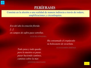 INICIO ÍNDICE PERÍFRASIS Consiste en la alusión a una realidad de manera indirecta a través de rodeos, amplificaciones y circunloquios. Era del año la estación florida [...] en campos de zafiro pace estrellas.   LUIS DE GÓNGORA  Ha consumado el crepúsculo su holocausto de escarlata. JUAN RAMÓN JIMÉNEZ  Todo pasa y todo queda; pero lo nuestro es pasar, pasar haciendo caminos, caminos sobre la mar.  ANTONIO MACHADO  
