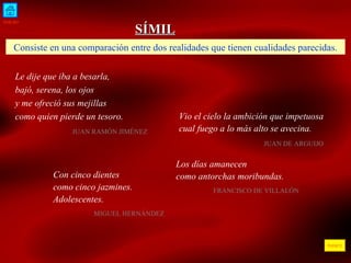 INICIO ÍNDICE SÍMIL Consiste en una comparación entre dos realidades que tienen cualidades parecidas. Le dije que iba a besarla, bajó, serena, los ojos y me ofreció sus mejillas como quien pierde un tesoro.    JUAN RAMÓN JIMÉNEZ  Vio el cielo la ambición que impetuosa cual fuego a lo más alto se avecina. JUAN DE ARGUIJO  Con cinco dientes como cinco jazmines. Adolescentes. MIGUEL HERNÁNDEZ  Los días amanecen como antorchas moribundas. FRANCISCO DE VILLALÓN  