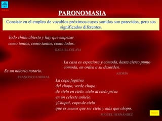 INICIO
ÍNDICE
PARONOMASIA
Consiste en el empleo de vocablos próximos cuyos sonidos son parecidos, pero sus
significados diferentes.
Todo chilla abierto y hay que empezar
como tontos, como tantos, como todos.
GABRIEL CELAYA
La casa es espaciosa y cómoda, hasta cierto punto
cómoda, en orden a su desorden.
AZORÍN
Es un notorio notario.
FRANCISCO UMBRAL
La copa fugitiva
del chopo, verde chopo
de cielo en cielo, cielo al cielo priva
en un celeste anhelo.
¡Chopo!, copo de cielo
que es menos que ser cielo y más que chopo.
MIGUEL HERNÁNDEZ
 