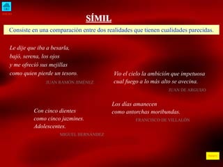 INICIO
ÍNDICE
SÍMIL
Consiste en una comparación entre dos realidades que tienen cualidades parecidas.
Le dije que iba a besarla,
bajó, serena, los ojos
y me ofreció sus mejillas
como quien pierde un tesoro.
JUAN RAMÓN JIMÉNEZ
Vio el cielo la ambición que impetuosa
cual fuego a lo más alto se avecina.
JUAN DE ARGUIJO
Con cinco dientes
como cinco jazmines.
Adolescentes.
MIGUEL HERNÁNDEZ
Los días amanecen
como antorchas moribundas.
FRANCISCO DE VILLALÓN
 