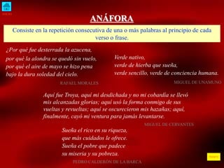 INICIO
ÍNDICE
ANÁFORA
Consiste en la repetición consecutiva de una o más palabras al principio de cada
verso o frase.
¿Por qué fue desterrada la azucena,
por qué la alondra se quedó sin vuelo,
por qué el aire de mayo se hizo pena
bajo la dura soledad del cielo.
RAFAEL MORALES
Verde nativo,
verde de hierba que sueña,
verde sencillo, verde de conciencia humana.
MIGUEL DE UNAMUNO
Aquí fue Troya, aquí mi desdichada y no mi cobardía se llevó
mis alcanzadas glorias; aquí usó la forma conmigo de sus
vueltas y revueltas; aquí se oscurecieron mis hazañas; aquí,
finalmente, cayó mi ventura para jamás levantarse.
MIGUEL DE CERVANTES
Sueña el rico en su riqueza,
que más cuidados le ofrece.
Sueña el pobre que padece
su miseria y su pobreza.
PEDRO CALDERÓN DE LA BARCA
 