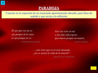 INICIO
ÍNDICE
PARADOJA
Consiste en la expresión de un enunciado aparentemente absurdo, pero lleno de
sentido y que invita a la reflexión.
El ojo que ves no es
ojo porque tú lo veas;
es ojo porque te ve.
ANTONIO MACHADO
Vivo sin vivir en mí
y tan alta vida espero
que muero porque no muero.
SANTA TERESA
... este vivir que es el vivir desnudo
¿no es acaso la vida de la muerte?
MIGUEL DE UNAMUNO
 