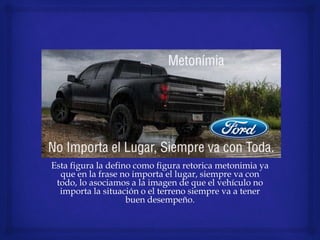 Esta figura la defino como figura retorica metonimia ya
que en la frase no importa el lugar, siempre va con
todo, lo asociamos a la imagen de que el vehículo no
importa la situación o el terreno siempre va a tener
buen desempeño.
 