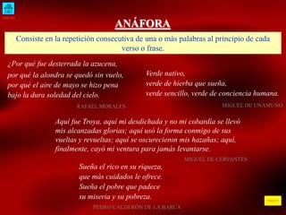 INICIO 
ÍNDICE 
ANÁFORA 
Consiste en la repetición consecutiva de una o más palabras al principio de cada 
verso o frase. 
¿Por qué fue desterrada la azucena, 
por qué la alondra se quedó sin vuelo, 
por qué el aire de mayo se hizo pena 
bajo la dura soledad del cielo. 
RAFAEL MORALES 
Verde nativo, 
verde de hierba que sueña, 
verde sencillo, verde de conciencia humana. 
MIGUEL DE UNAMUNO 
Aquí fue Troya, aquí mi desdichada y no mi cobardía se llevó 
mis alcanzadas glorias; aquí usó la forma conmigo de sus 
vueltas y revueltas; aquí se oscurecieron mis hazañas; aquí, 
finalmente, cayó mi ventura para jamás levantarse. 
MIGUEL DE CERVANTES 
Sueña el rico en su riqueza, 
que más cuidados le ofrece. 
Sueña el pobre que padece 
su miseria y su pobreza. 
PEDRO CALDERÓN DE LA BARCA 
 