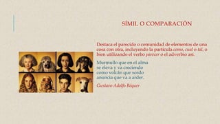SÍMIL O COMPARACIÓN
Destaca el parecido o comunidad de elementos de una
cosa con otra, incluyendo la partícula como, cual o tal, o
bien utilizando el verbo parecer o el adverbio así.
Murmullo que en el alma
se eleva y va creciendo
como volcán que sordo
anuncia que va a arder.
Gustavo Adolfo Béquer
 