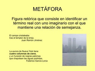 METÁFORA
Figura retórica que consiste en identificar un
término real con uno imaginario con el que
mantiene una relación de semejanza.
El campo cristaleaba
tras el templor de la brisa.
Juan Ramón Jiménez
La aurora de Nueva York tiene
cuatro columnas de cieno,
y un huracán de negras palomas
que chapotean las aguas podridas.
Federico García Lorca
 
