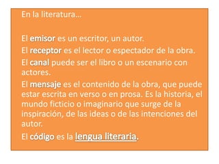 En la literatura…
El es un escritor, un autor.
El es el lector o espectador de la obra.
El puede ser el libro o un escenario con
actores.
El es el contenido de la obra, que puede
estar escrita en verso o en prosa. Es la historia, el
mundo ficticio o imaginario que surge de la
inspiración, de las ideas o de las intenciones del
autor.
El es la
 