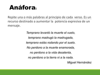 Anáfora:
Repite una o más palabras al principio de cada verso. Es un
recurso destinado a aumentar la potencia expresiva de un
mensaje.
Temprano levantó la muerte el vuelo,
temprano madrugó la madrugada,
temprano estás rodando por el suelo.
No perdono a la muerte enamorada,
no perdono a la vida desatenta,
no perdono a la tierra ni a la nada.
Miguel Hernández,
 