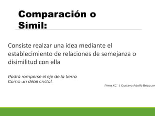 Comparación o
Símil:
Consiste realzar una idea mediante el
establecimiento de relaciones de semejanza o
disimilitud con ella
Podrá romperse el eje de la tierra
Como un débil cristal.
Rima XCI | Gustavo Adolfo Bécquer
 