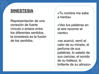 «Tu nombre me sabe 
a hierba» 
«Veo tus palabras en 
el aire recorrer el 
viento» 
«se acercó, sentí el 
calor de su mirada, el 
perfume de sus 
palabras, lo salado de 
sus caricias, el sonido 
de su belleza, lo 
brillante de su abrazo» 
SINESTESIA 
Representación de una 
conexión de fuerte 
vínculo o enlace entre 
los diferentes sentidos, 
la sinestesia es la fusión 
de los sentidos. 
 