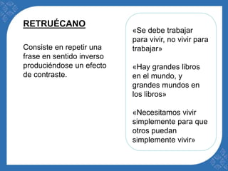 «Se debe trabajar 
para vivir, no vivir para 
trabajar» 
«Hay grandes libros 
en el mundo, y 
grandes mundos en 
los libros» 
«Necesitamos vivir 
simplemente para que 
otros puedan 
simplemente vivir» 
RETRUÉCANO 
Consiste en repetir una 
frase en sentido inverso 
produciéndose un efecto 
de contraste. 
 