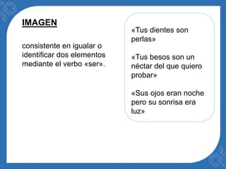 «Tus dientes son 
perlas» 
«Tus besos son un 
néctar del que quiero 
probar» 
«Sus ojos eran noche 
pero su sonrisa era 
luz» 
IMAGEN 
consistente en igualar o 
identificar dos elementos 
mediante el verbo «ser». 
 