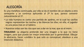 ALEGORÍA
Es una metáfora continuada, por ella se da el nombre de un objeto a otro
semejante y se continua aplicando al 2º lo que, parece convenir
naturalmente al 1º.
• La vida humana es como una partida de ajedrez, en la cual las casillas
negras representan las noches y las blancas los días; en ella, el jugador
es una pieza más en el tablero.
• Nuestras vidas son los ríos que van a dar en la mar, que es el morir.
FINALIDAD: La alegoría pretende dar una imagen a lo que no tiene
imagen, para que pueda ser mejor entendido por la generalidad. Dibujar
lo abstracto, hacer «visible» lo que solo es conceptual, obedece a una
intención didáctica.
 