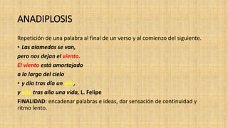 ANADIPLOSIS
Repetición de una palabra al final de un verso y al comienzo del siguiente.
• Las alamedas se van,
pero nos dejan el viento.
El viento está amortajado
a lo largo del cielo
• y día tras día un año,
y año tras año una vida, L. Felipe
FINALIDAD: encadenar palabras e ideas, dar sensación de continuidad y
ritmo lento.
 