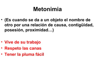 Metonimia (Es cuando se da a un objeto el nombre de otro por una relación de causa,  contigüidad, posesión, proximidad…) Vive de su trabajo Respeto las canas Tener la pluma fácil 