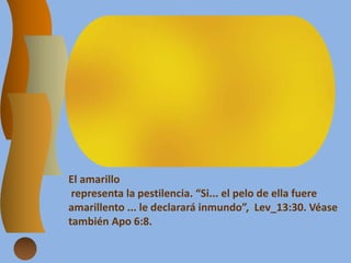 El amarillo
representa la pestilencia. “Si... el pelo de ella fuere
amarillento ... le declarará inmundo”, Lev_13:30. Véase
también Apo 6:8.
 
