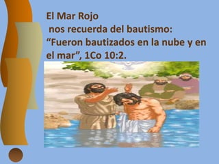 El Mar Rojo
nos recuerda del bautismo:
“Fueron bautizados en la nube y en
el mar”, 1Co 10:2.
 