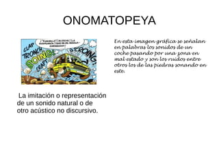 ONOMATOPEYA
La imitación o representación
de un sonido natural o de
otro acústico no discursivo.
En esta imagen gráfica se señalan
en palabras los sonidos de un
coche pasando por una zona en
mal estado y son los ruidos entre
otros los de las piedras sonando en
este.
 