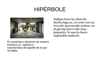 HIPÉRBOLE
En aumentar o disminuir de manera
excesiva un aspecto o
característica de aquello de lo que
se habla.
Refleja bien la idea de
dicha figura, el niño con su
triciclo queriendo entrar en
el garaje pero este muy
pequeño, lo que le hace
imposible meterlo.
 