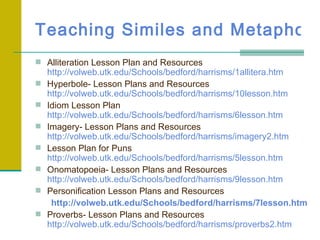 Teaching Similes and Metaphors
 Alliteration Lesson Plan and Resources
    http://volweb.utk.edu/Schools/bedford/harrisms/1allitera.htm
   Hyperbole- Lesson Plans and Resources
    http://volweb.utk.edu/Schools/bedford/harrisms/10lesson.htm
   Idiom Lesson Plan
    http://volweb.utk.edu/Schools/bedford/harrisms/6lesson.htm
   Imagery- Lesson Plans and Resources
    http://volweb.utk.edu/Schools/bedford/harrisms/imagery2.htm
   Lesson Plan for Puns
    http://volweb.utk.edu/Schools/bedford/harrisms/5lesson.htm
   Onomatopoeia- Lesson Plans and Resources
    http://volweb.utk.edu/Schools/bedford/harrisms/9lesson.htm
   Personification Lesson Plans and Resources
     http://volweb.utk.edu/Schools/bedford/harrisms/7lesson.htm
   Proverbs- Lesson Plans and Resources
    http://volweb.utk.edu/Schools/bedford/harrisms/proverbs2.htm
 