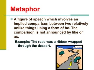 Metaphor
 A figure of speech which involves an
 implied comparison between two relatively
 unlike things using a form of be. The
 comparison is not announced by like or
 as.
  Example: The road was a ribbon wrapped
   through the dessert.
 