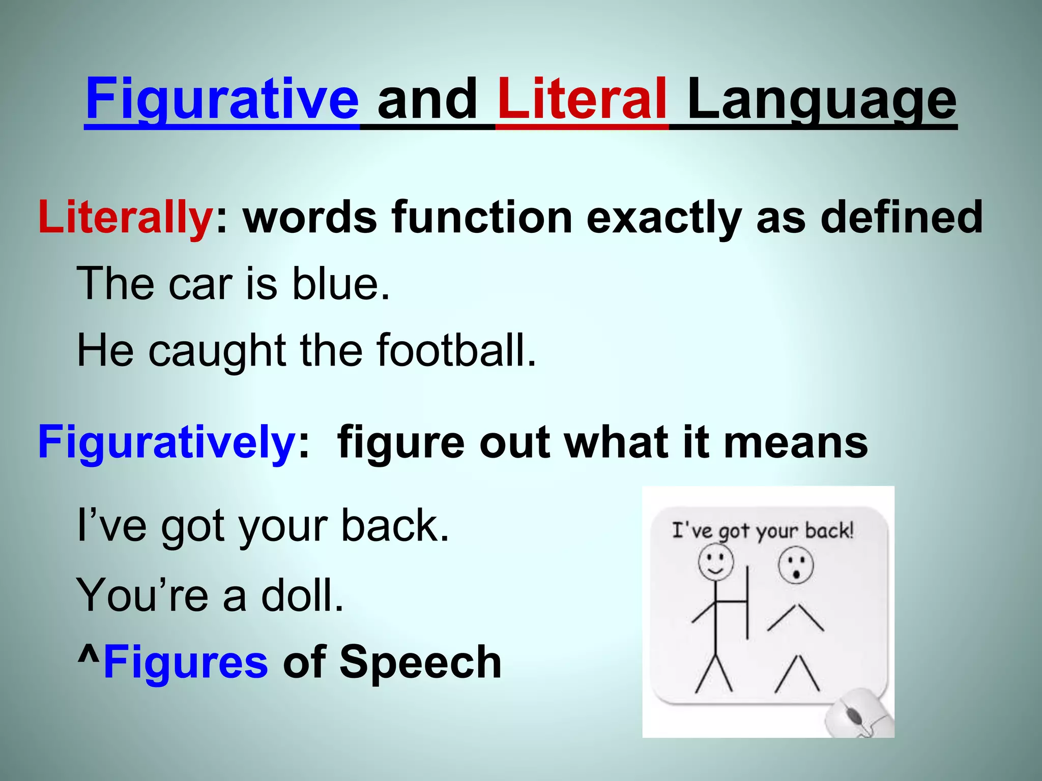 Figurative and Literal Language
Literally: words function exactly as defined
The car is blue.
He caught the football.
Figuratively: figure out what it means
I’ve got your back.
You’re a doll.
^Figures of Speech
 