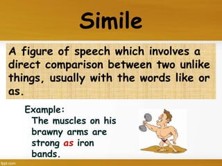Simile
Example:
The muscles on his
brawny arms are
strong as iron
bands.
A figure of speech which involves a
direct comparison between two unlike
things, usually with the words like or
as.
 