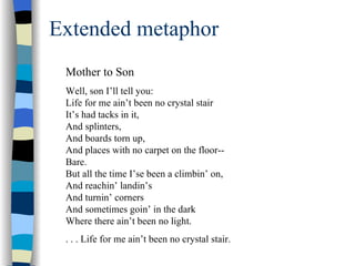 Extended metaphor
 Mother to Son
 Well, son I’ll tell you:
 Life for me ain’t been no crystal stair
 It’s had tacks in it,
 And splinters,
 And boards torn up,
 And places with no carpet on the floor--
 Bare.
 But all the time I’se been a climbin’ on,
 And reachin’ landin’s
 And turnin’ corners
 And sometimes goin’ in the dark
 Where there ain’t been no light.
 . . . Life for me ain’t been no crystal stair.
 