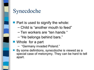 Synecdoche
s   Part is used to signify the whole:
    – Child is “another mouth to feed”
    – Ten workers are “ten hands “
    – “He belongs behind bars.”
s   Whole for a part
     – “Germany invaded Poland.”
s   By some definitions, synecdoche is viewed as a
    special case of metonymy. They can be hard to tell
    apart.
 