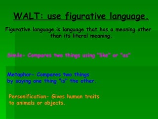 WALT: use figurative language.
Figurative language is language that has a meaning other
                  than its literal meaning.


Simile- Compares two things using "like" or "as"


Metaphor- Compares two things
by saying one thing "is" the other.

 Personification- Gives human traits
 to animals or objects.
 