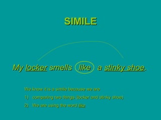 SIMILE



My locker smells like a stinky shoe.

   We know it is a simile because we are
   1) comparing two things (locker and stinky shoe)
   2) We are using the word like
 