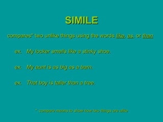 SIMILE
compares* two unlike things using the words like, as, or than

   ex. My locker smells like a stinky shoe.

   ex. My aunt is as big as a barn.

   ex. That boy is taller than a tree.




           * compare means to show how two things are alike
 
