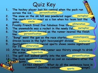 Quiz Key
1. The hockey player lost his control when the puck ran
across the ice.
2. The snow on the ski hill was powdered sugar.
3. The coach was as upset as a lion when his team lost the
game.
4. Freddy French fired five fabulous free throws.
5. The snowmobile was a rocket in the newly fallen snow.
6. The running shoes danced as the runner neared the finish
line.
7. “Bang!” went the gun as the race started.
8. Steven boxes in the light-heavyweight division.
9. Spotlighting several special sports shows seems significant
for TV.
10. After the marathon, the runner was thirsty enough to drink
the ocean.
11. The golf ball walked gently into the ninth hole.
12. The team members remained as cool as cucumbers after the
game.
EXTRA CREDIT: What do all the sentences have in
common? (besides containing figurative language)
personification
simile
personification
personification
metaphor
metaphor
sports
simile
alliteration
alliteration
oxymoron
onomatopoeia
hyperbole
 